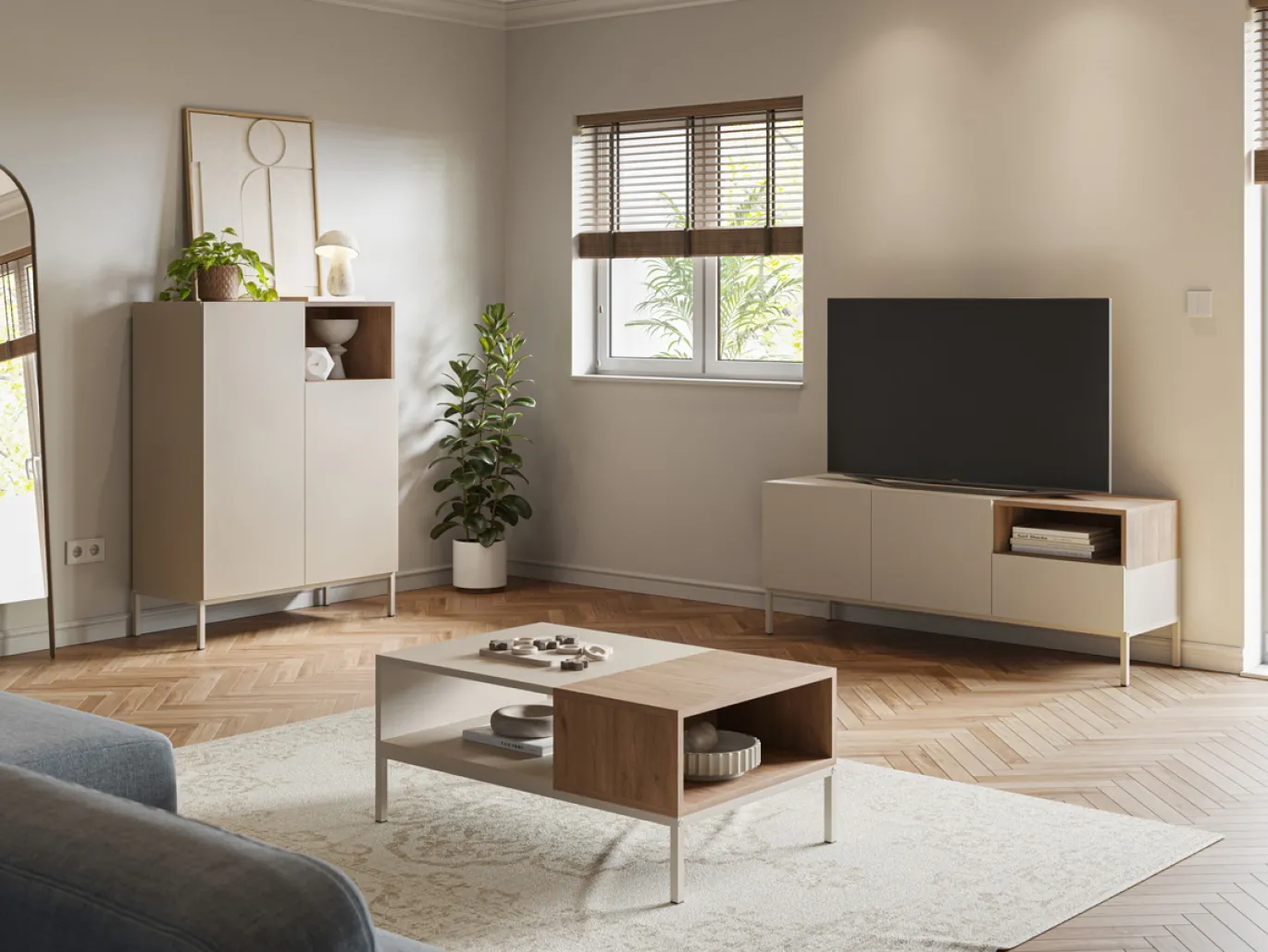 Tv-meubel Cailin 2d1dr1h 140cm Crème/Naturel Metaal - Giga Meubel