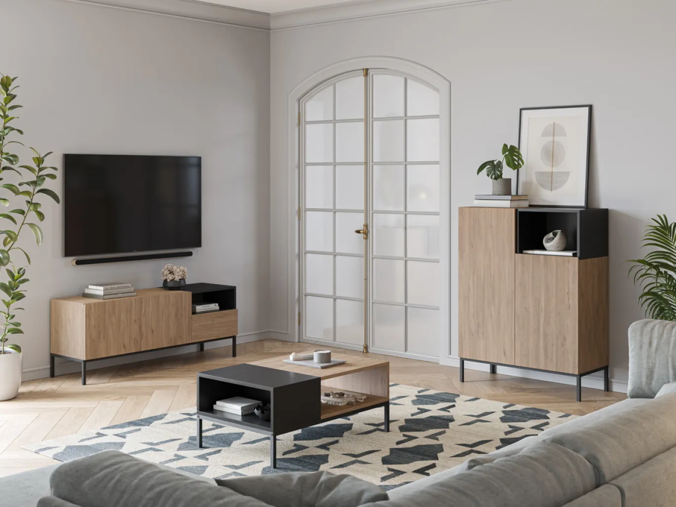 Tv-meubel Cailin 2d1dr1h 140cm Naturel/zwart - Giga Meubel