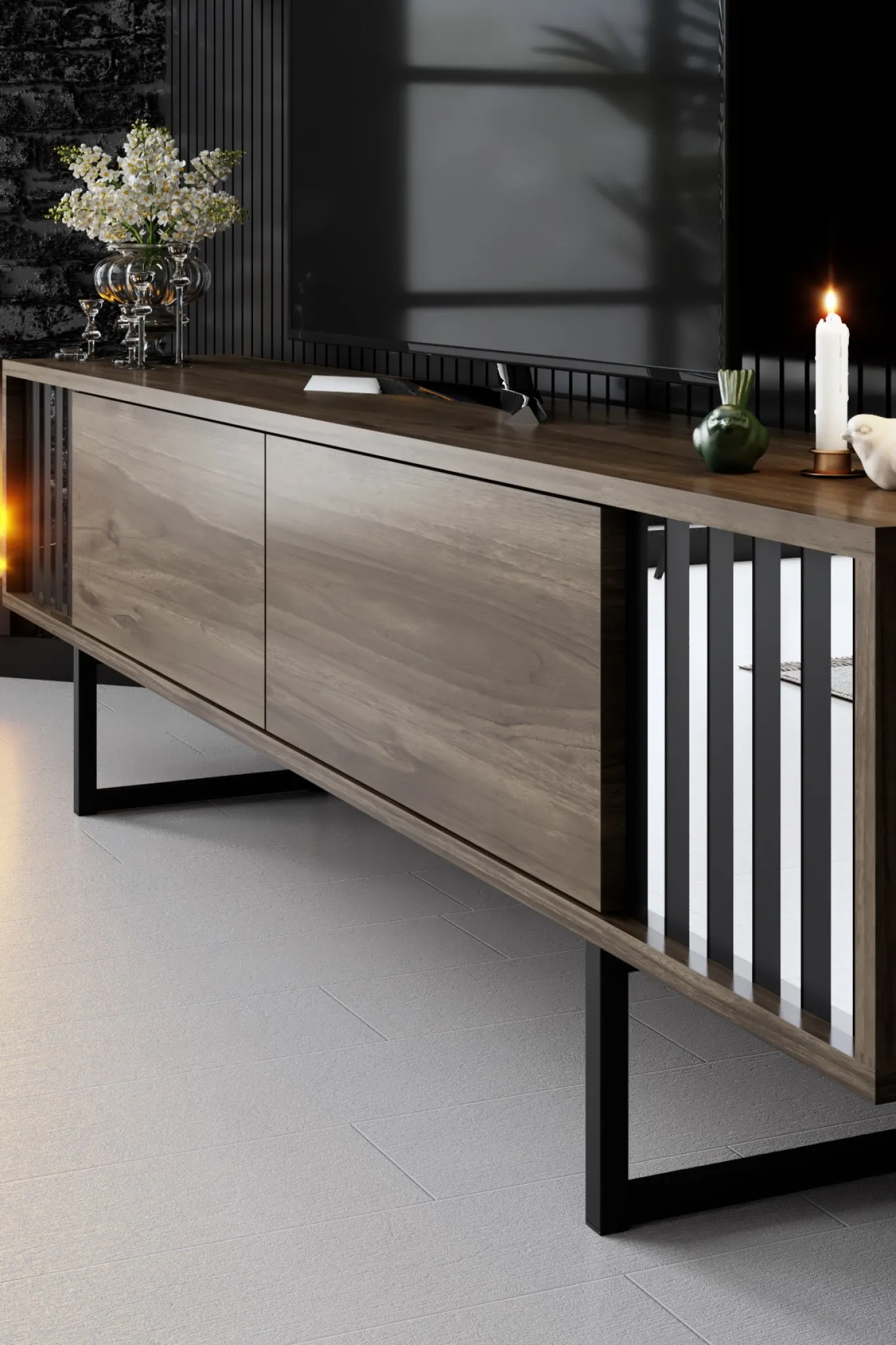 Tv-meubel Chrome Line Walnoot met Wandschappen