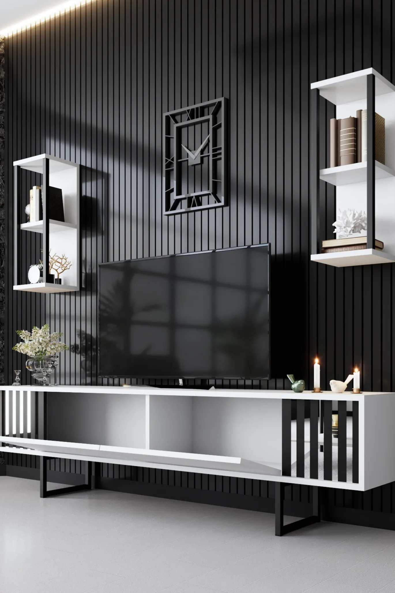 Tv-meubel Chrome Line Wit met Wandschappen
