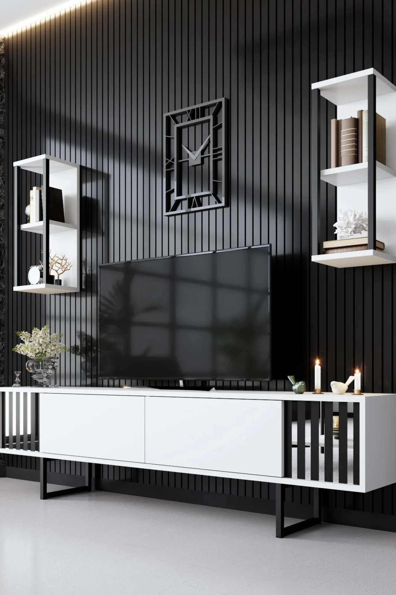 Tv-meubel Chrome Line Wit met Wandschappen