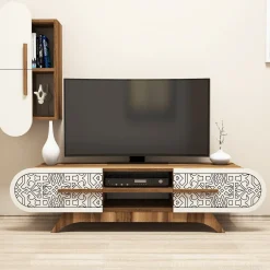 Tv-meubel Defne Walnoot/Crème met Wandschap
