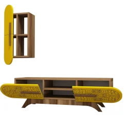 Tv-meubel Defne Walnoot/Geel met Wandschap