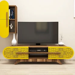 Tv-meubel Defne Walnoot/Geel met Wandschap