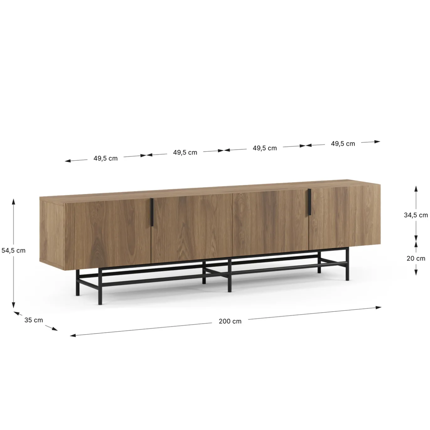 Tv-meubel Eldia 4d 200cm Eiken-ud met Metaal - Giga Meubel