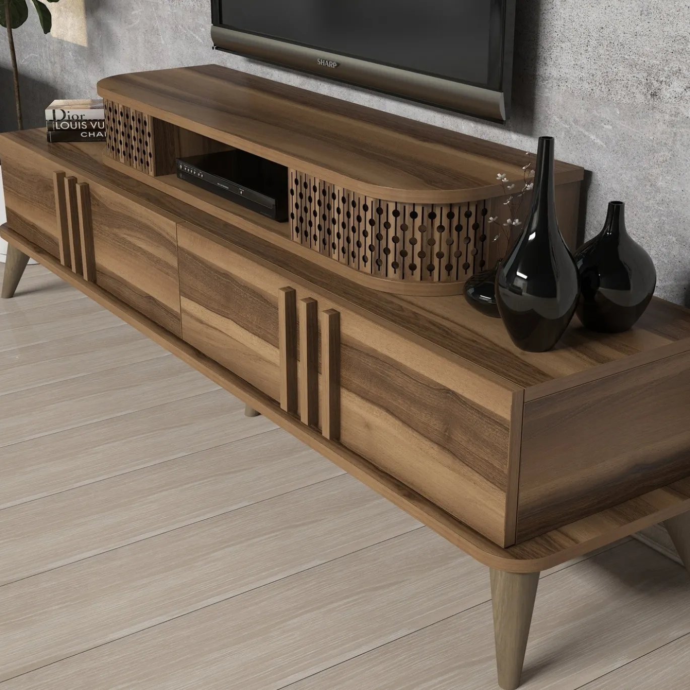 Tv-meubel Eylul Walnoot met Wandplank