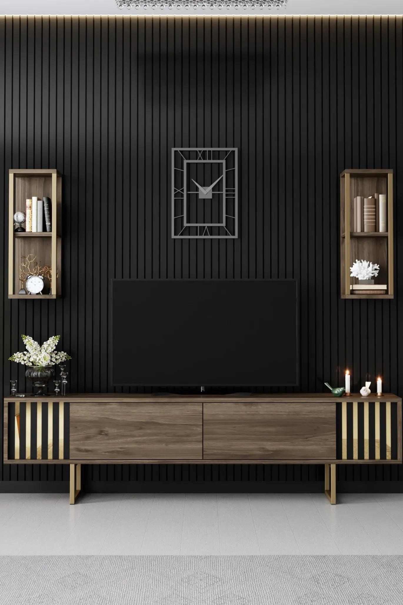 Tv-meubel Gold Line Walnoot met Wandschappen