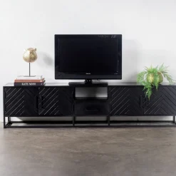 Tv-meubel Isa Zwart Visgraat 210cm Mangohout- Giga Meubel