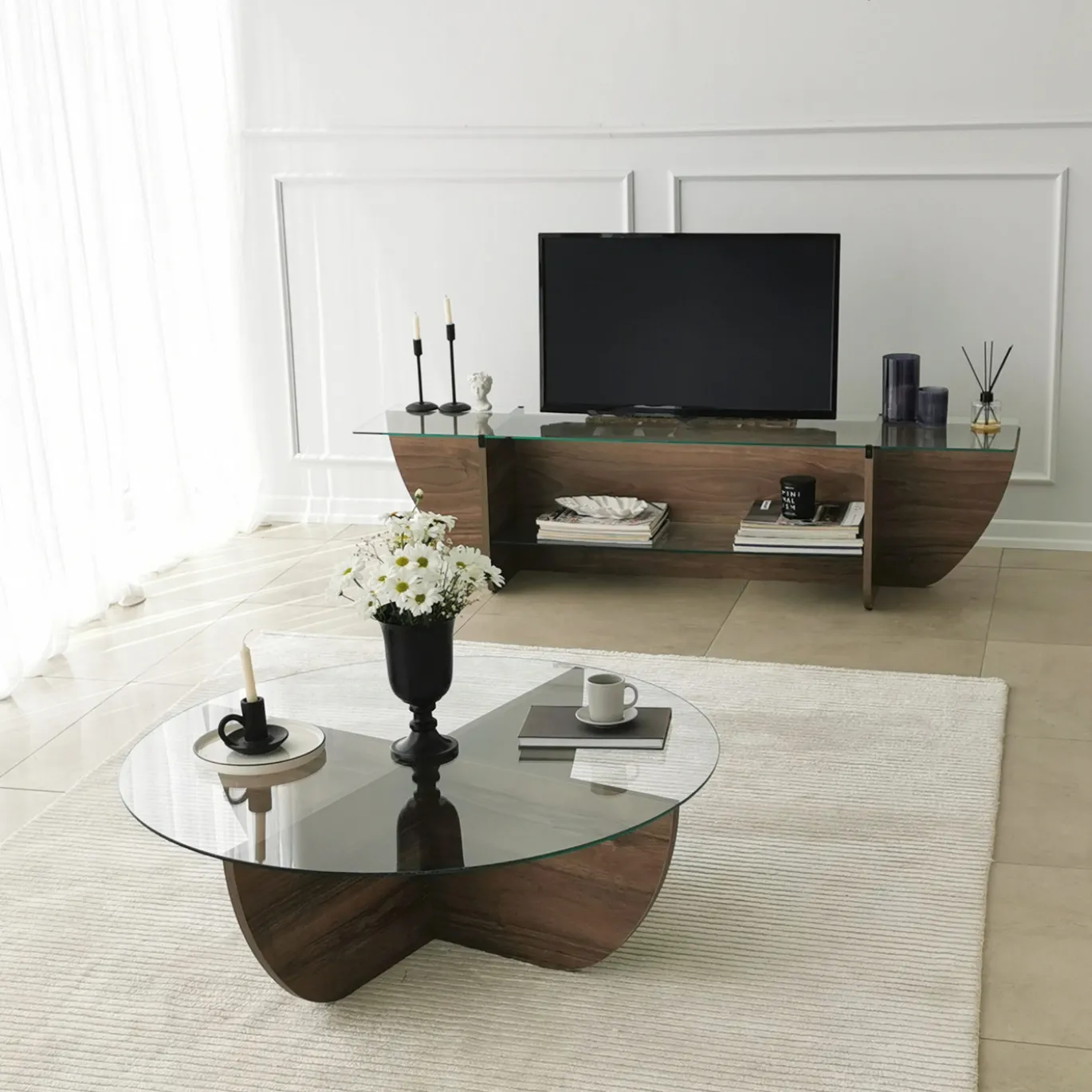Tv-meubel Lily Glas/Walnoot 158cm