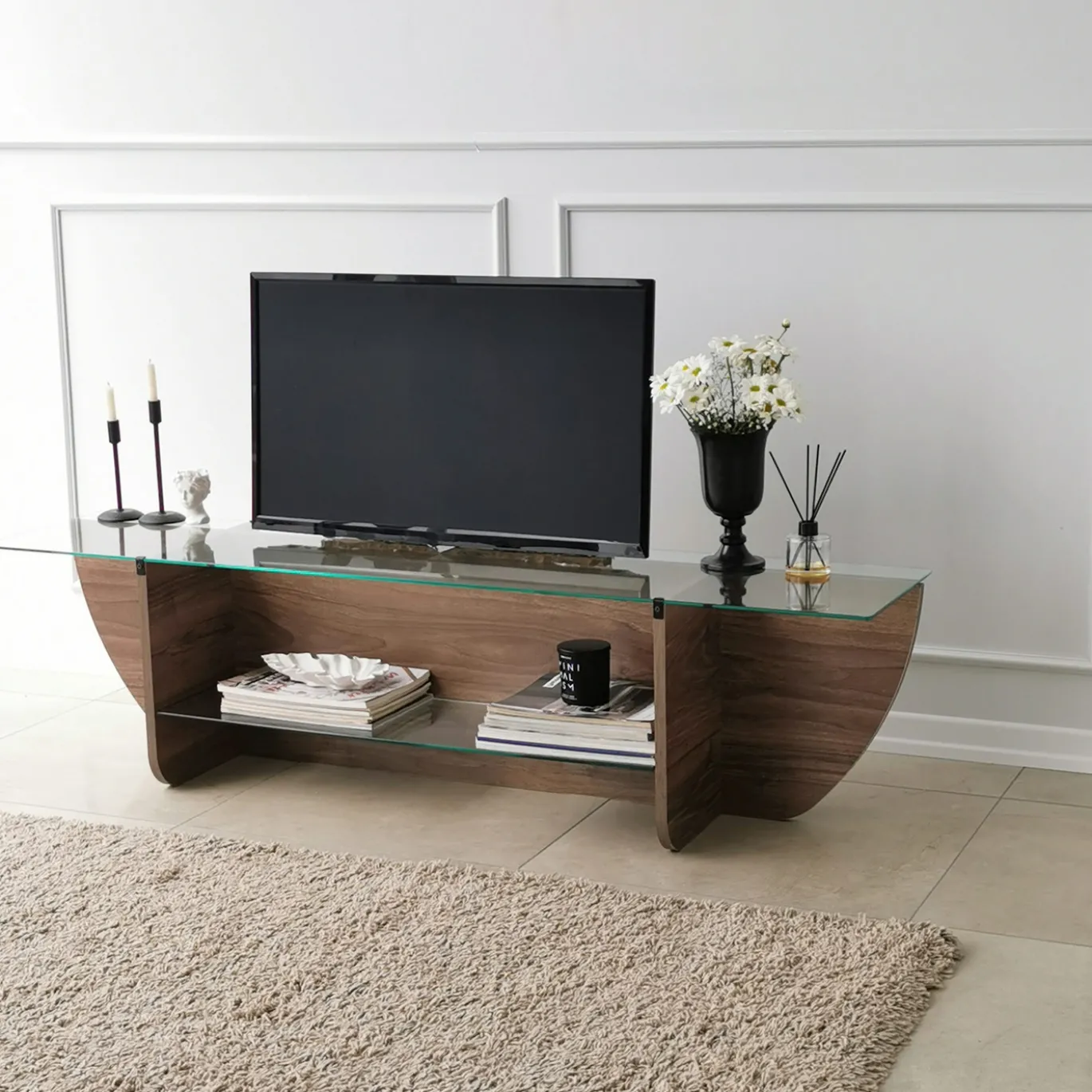 Tv-meubel Lily Glas/Walnoot 158cm