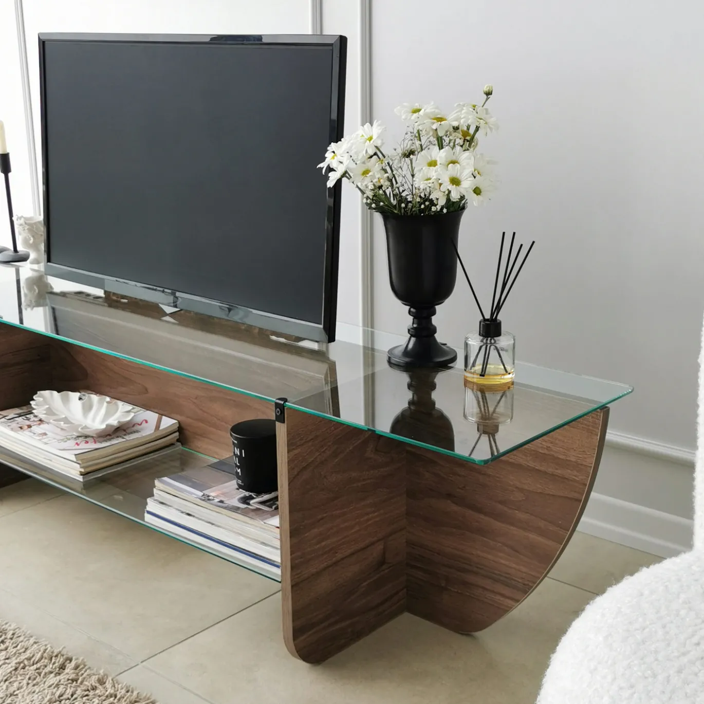 Tv-meubel Lily Glas/Walnoot 158cm
