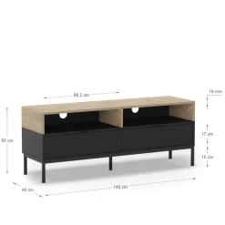 Tv-meubel Marion 2L2v 140cm Eiken/zwart met Metaal - Giga Meubel
