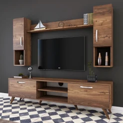 Tv-Meubel Matei met Wandschappen Melamine Walnoot