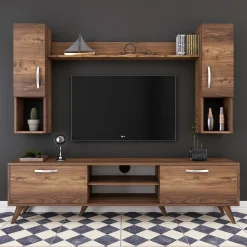 Tv-Meubel Matei met Wandschappen Melamine Walnoot