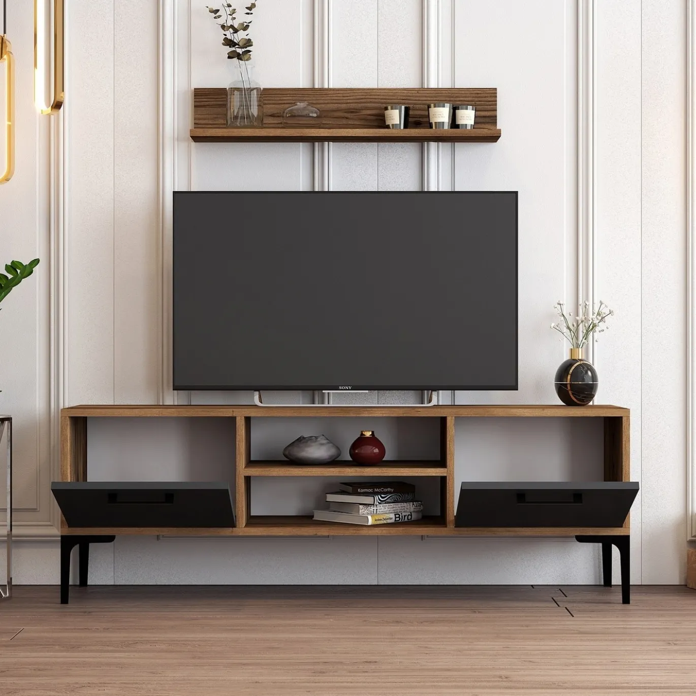 Tv-meubel Riga Antraciet met Wandplank