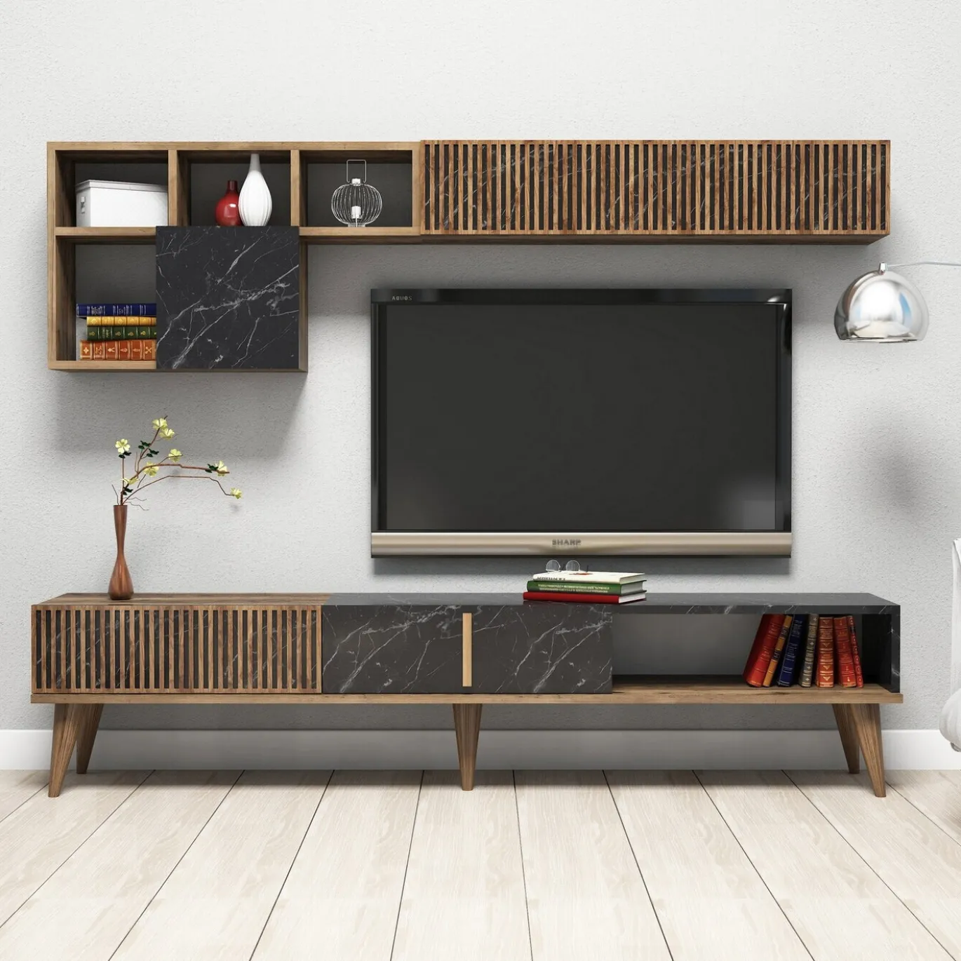 Tv-Meubel & Wandplank Milan Melamine Walnoot Zwart