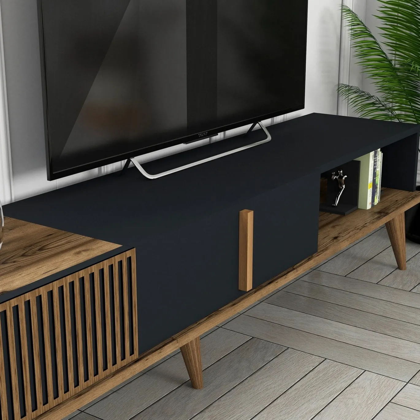 Tv-meubel + Wandschap Milan Melamine Walnoot Antraciet