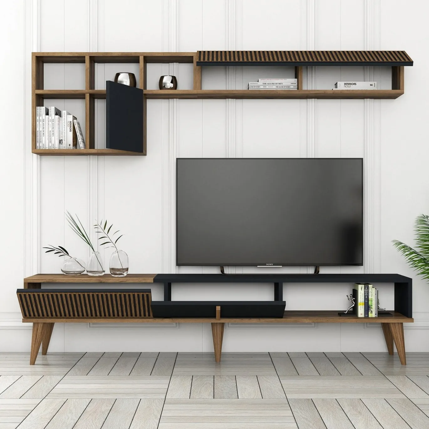 Tv-meubel + Wandschap Milan Melamine Walnoot Antraciet