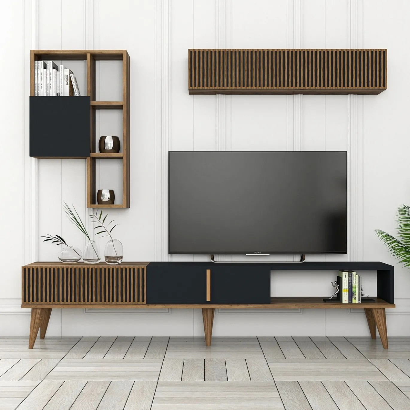 Tv-meubel + Wandschap Milan Melamine Walnoot Antraciet