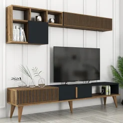 Tv-meubel + Wandschap Milan Melamine Walnoot Antraciet