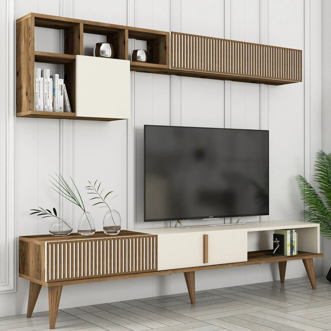Tv-meubel + Wandschap Milan Melamine Walnoot Crème