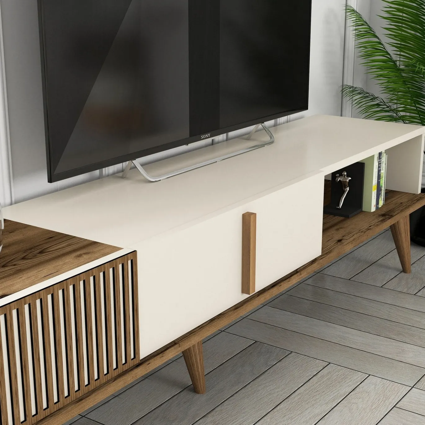 Tv-meubel + Wandschap Milan Melamine Walnoot Crème