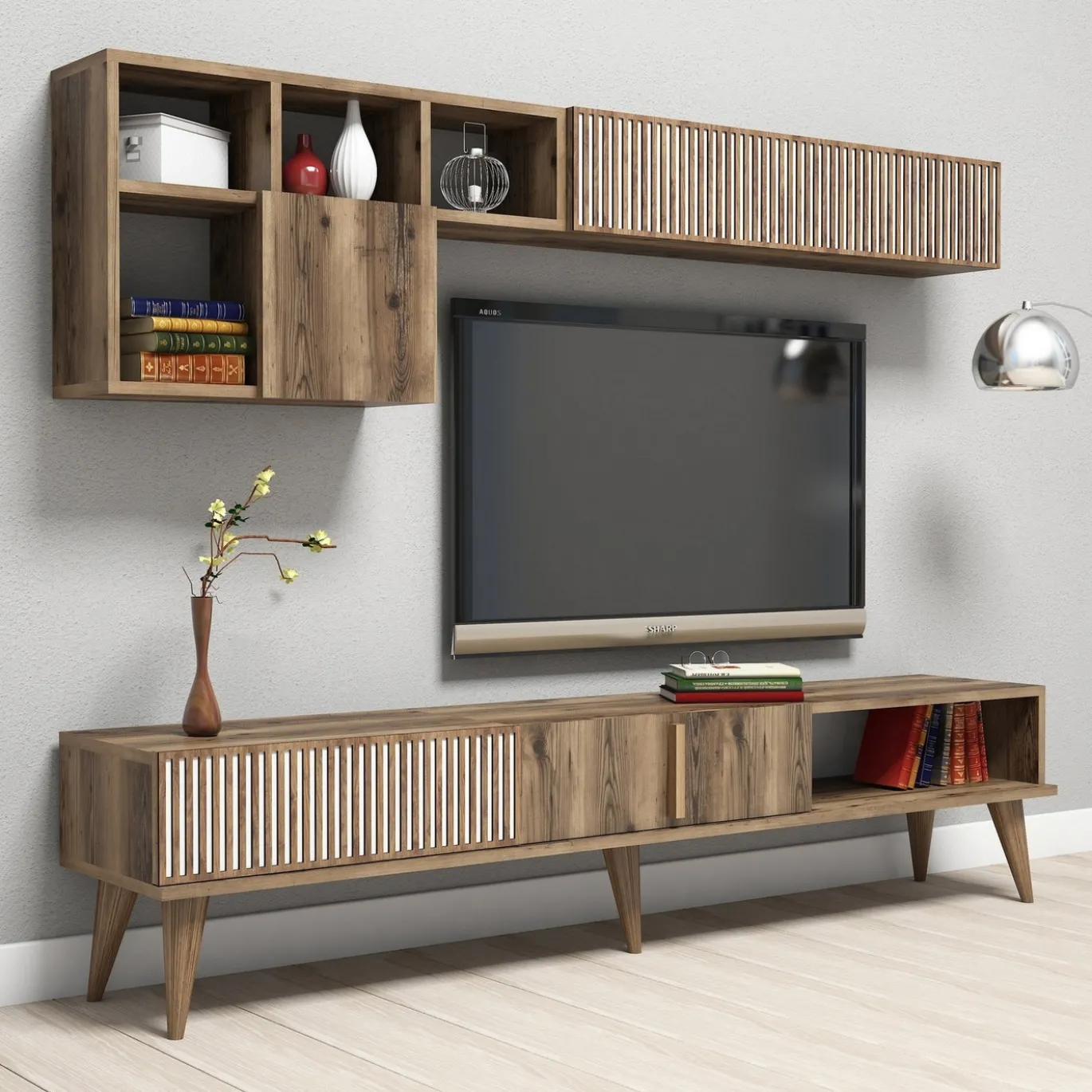 Tv-meubel + Wandschap Milan Melamine Walnoot