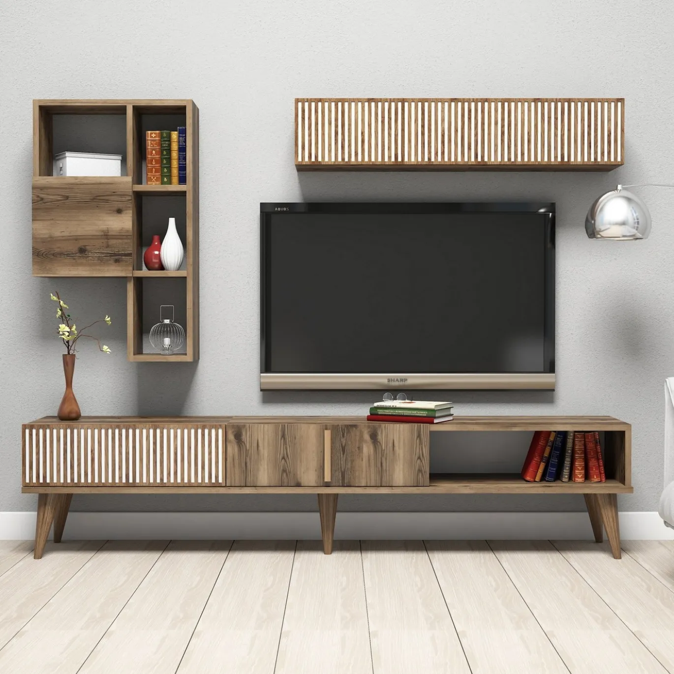 Tv-meubel + Wandschap Milan Melamine Walnoot