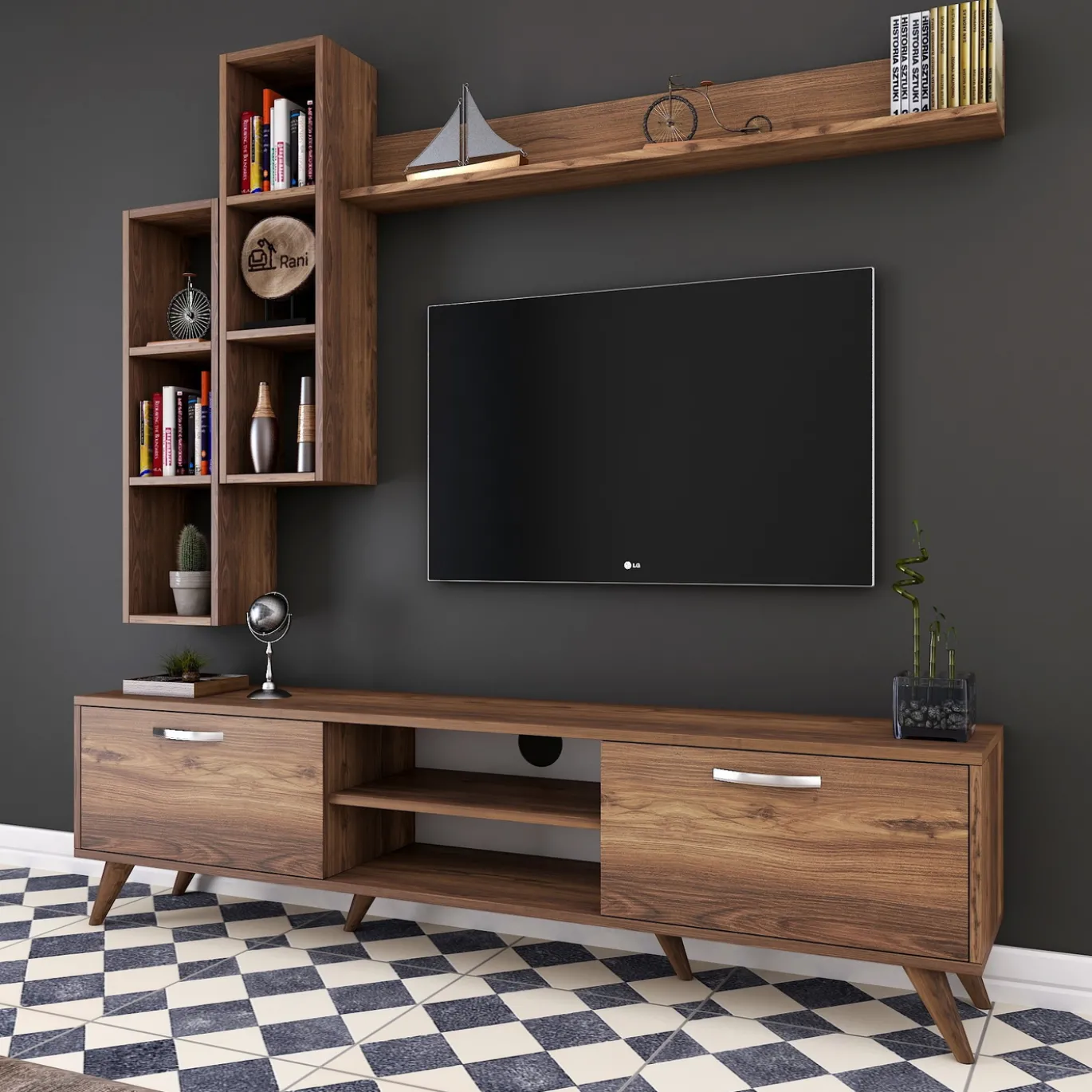 Tv-meubel + Wandschap Zafer Melamine Walnoot