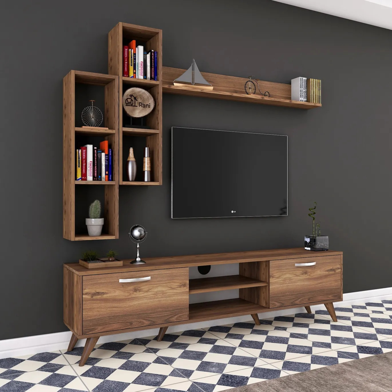 Tv-meubel + Wandschap Zafer Melamine Walnoot