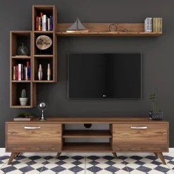 Tv-meubel + Wandschap Zafer Melamine Walnoot