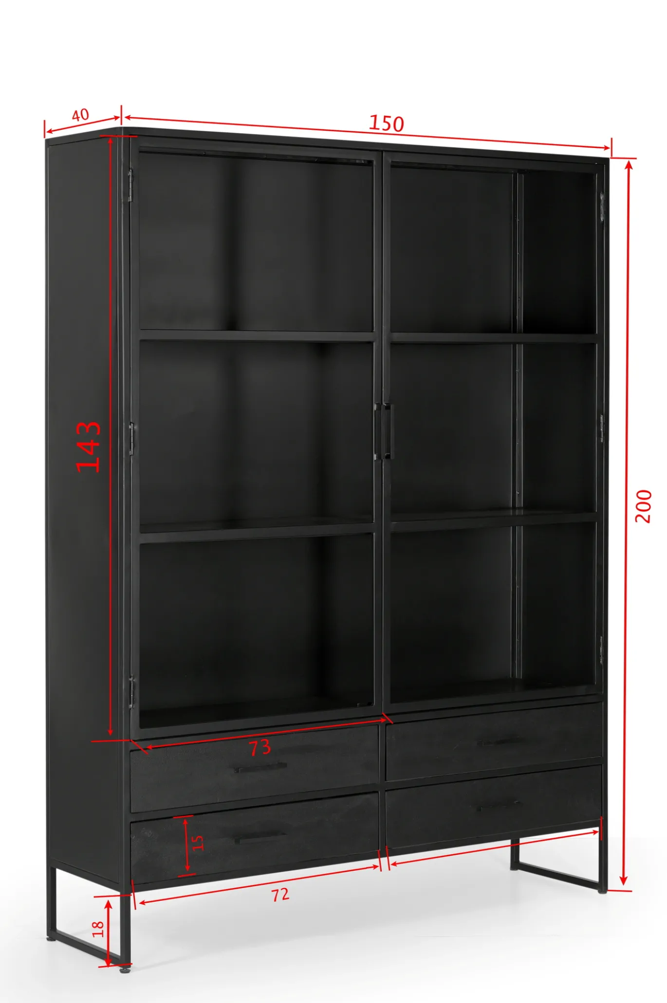 Vitrinekast Marijn Zwart 150cm - Giga Meubel
