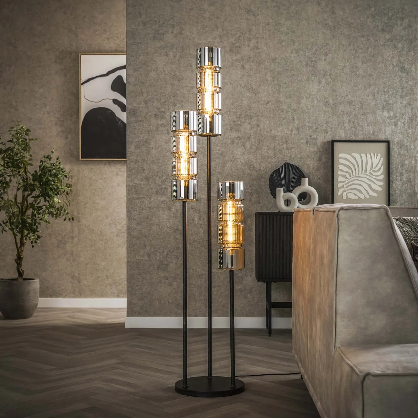 Vloerlamp Cylinder 3-Lichts Getrapt Glas - Giga Meubel