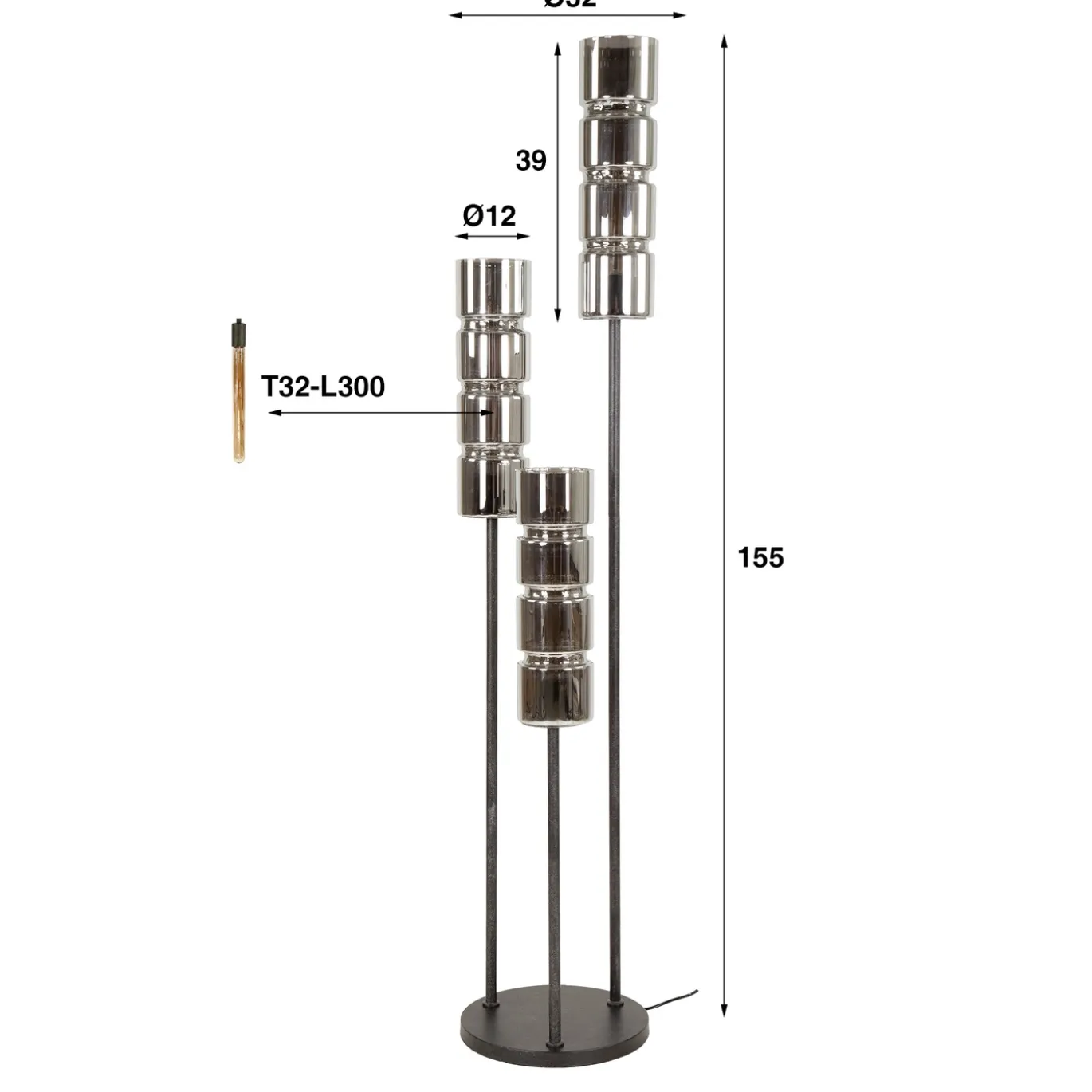 Vloerlamp Cylinder 3-Lichts Getrapt Glas - Giga Meubel