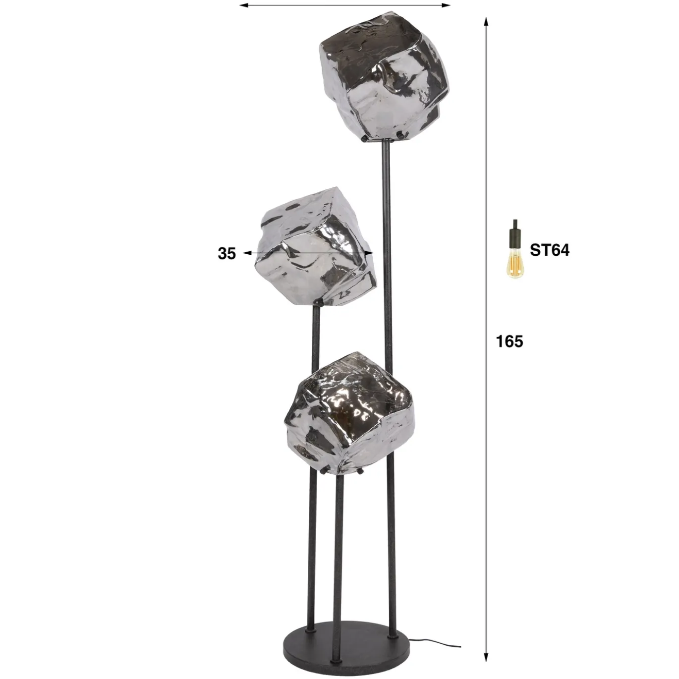 Vloerlamp Rock Getrapt 3-lichts Chroom Glas - Giga Meubel