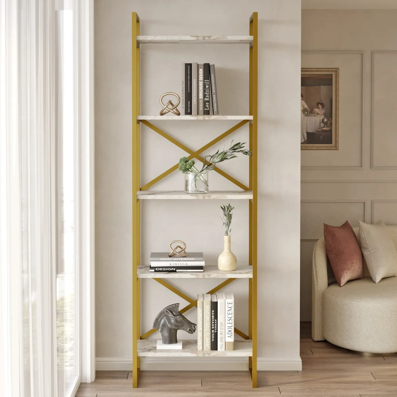 Wandkast Vigaro Wit Marmerlook/Goud 58x175cm