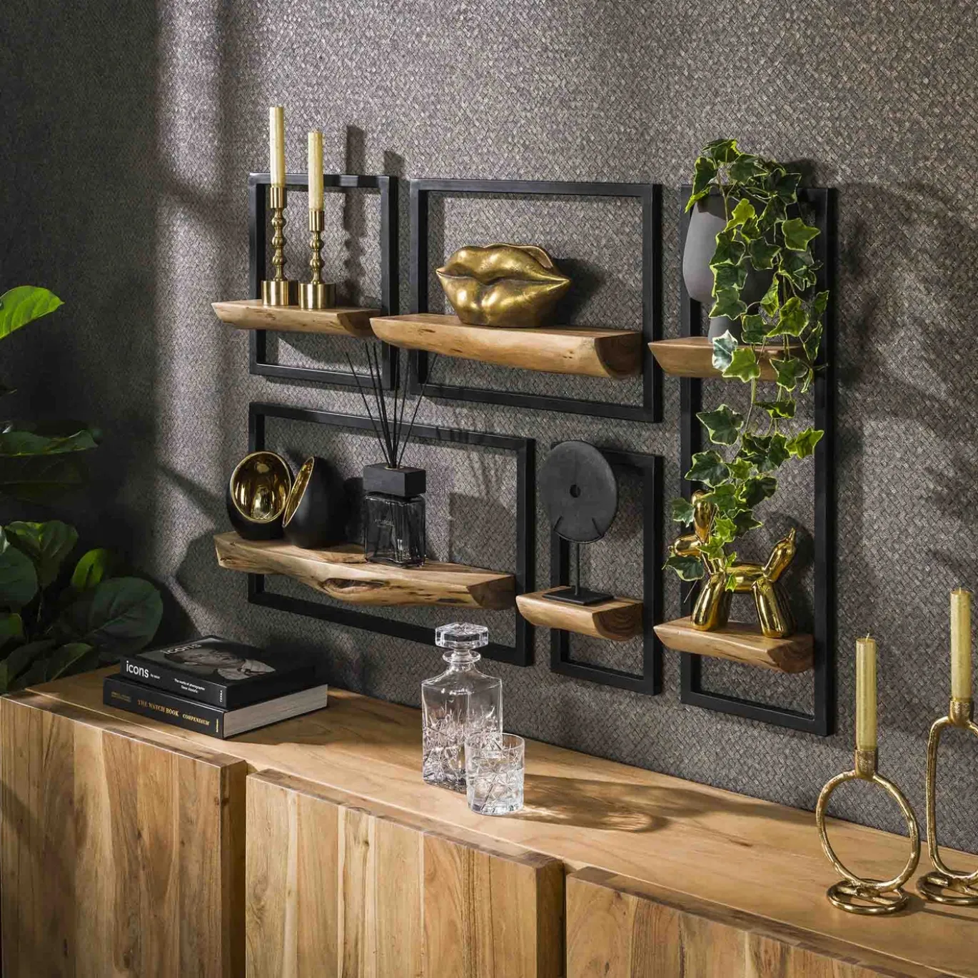 Wandschap Edge Acaciahout Naturel Set van 5 - Giga Meubel
