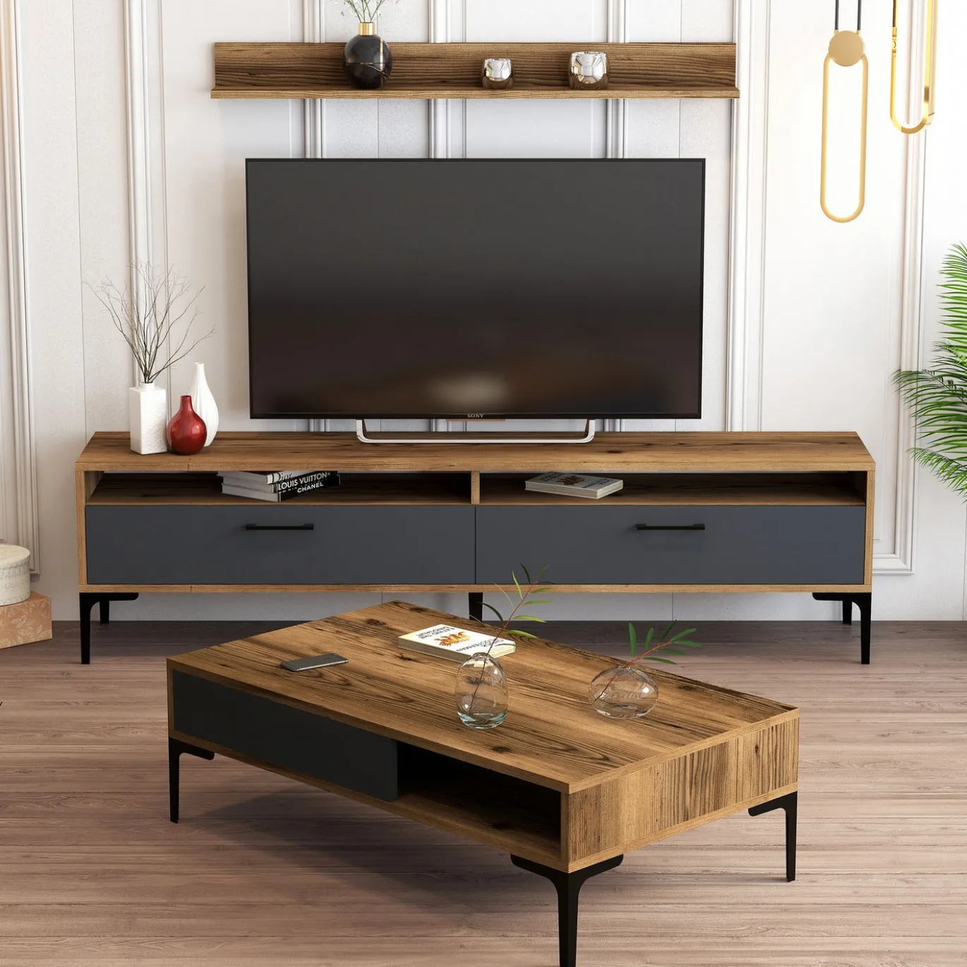 Woonkamermeubelset Istanbul Melamine Walnoot Antraciet