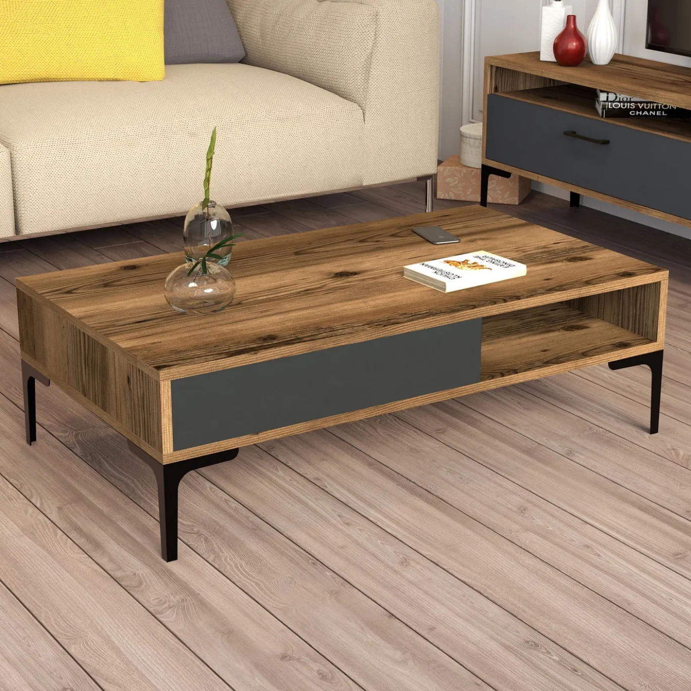 Woonkamermeubelset Istanbul Melamine Walnoot Antraciet