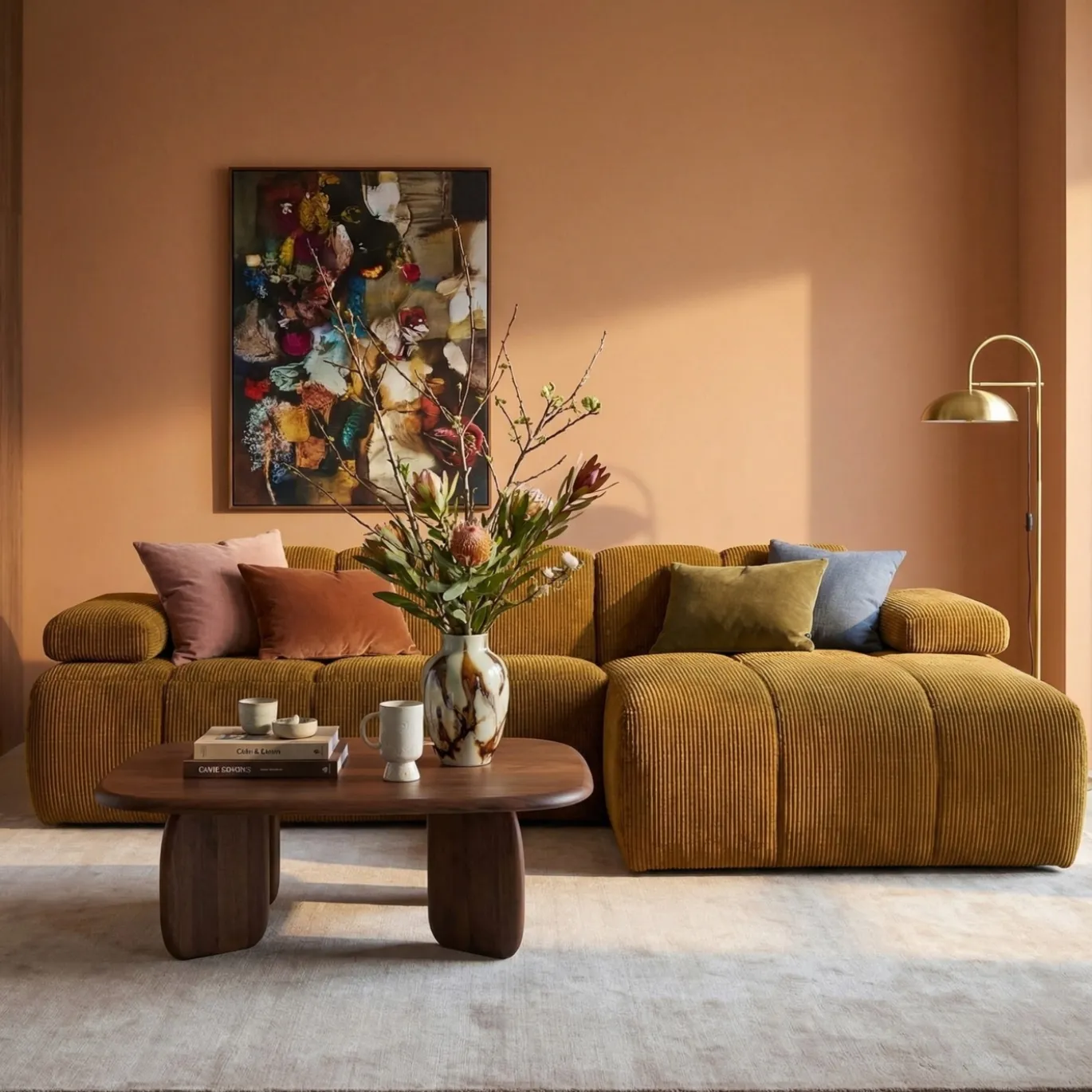 Woood Chaise Longue Bank Mojo Rechts Ribstof Honinggeel