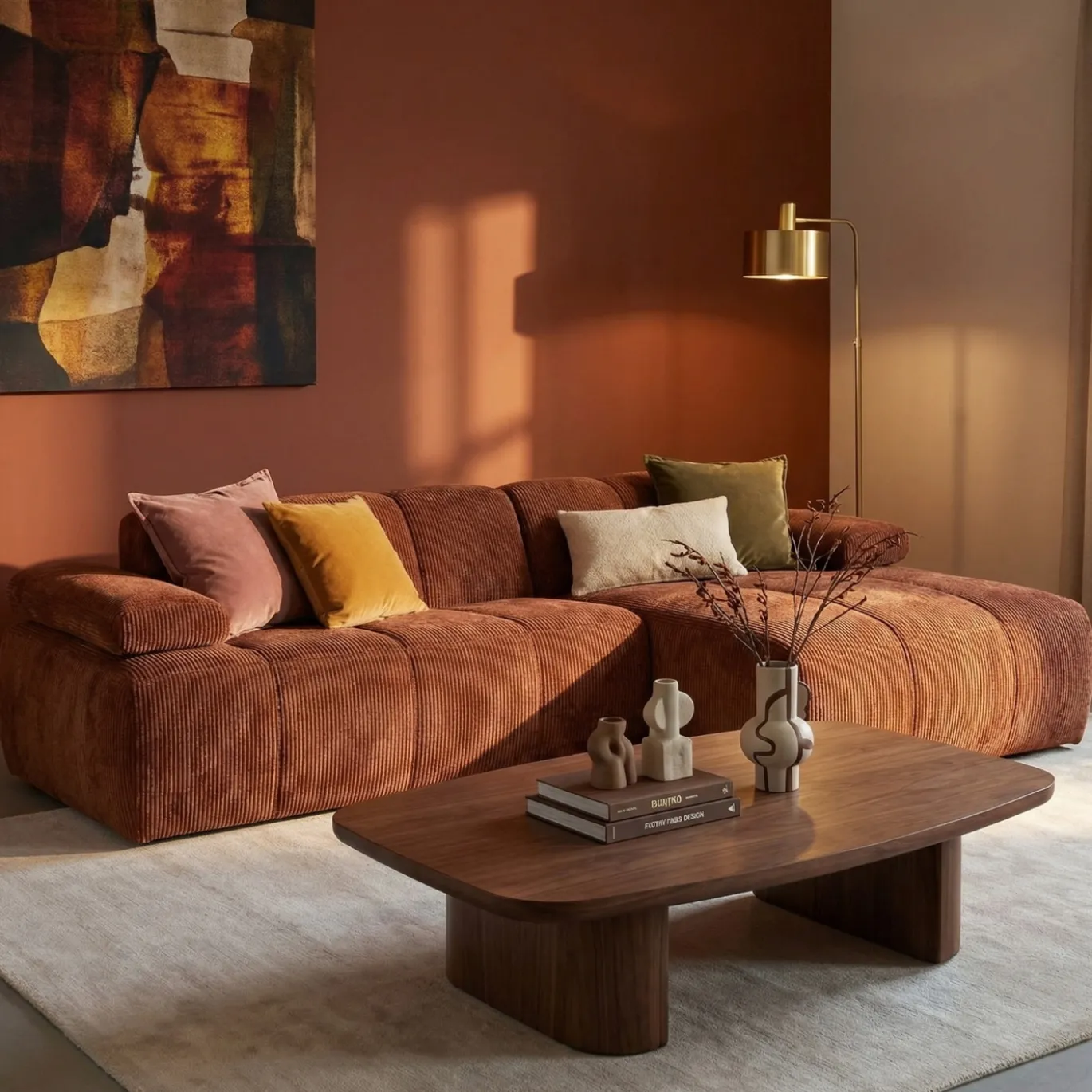 Woood Chaise Longue Bank Mojo Rechts Ribstof Roestbruin