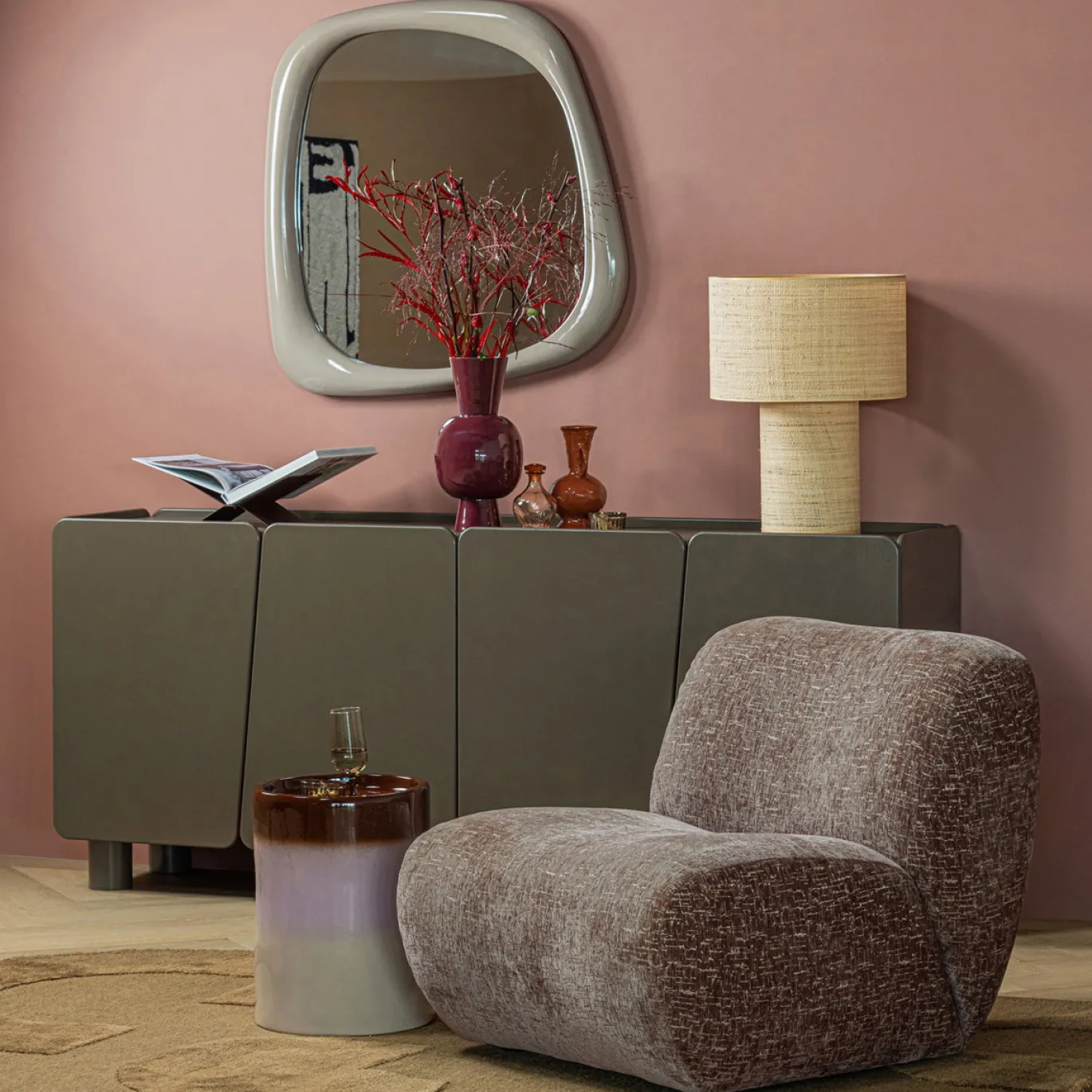 Woood Decoratieve Bijzettafel Ollo Ø35x44cm Keramiek Roze/bruin