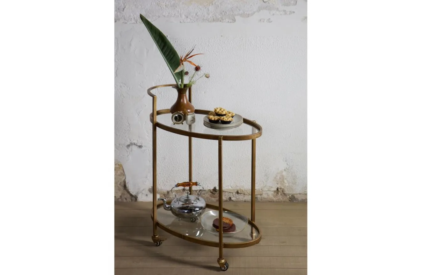 Woood Push Trolley Antique Brass