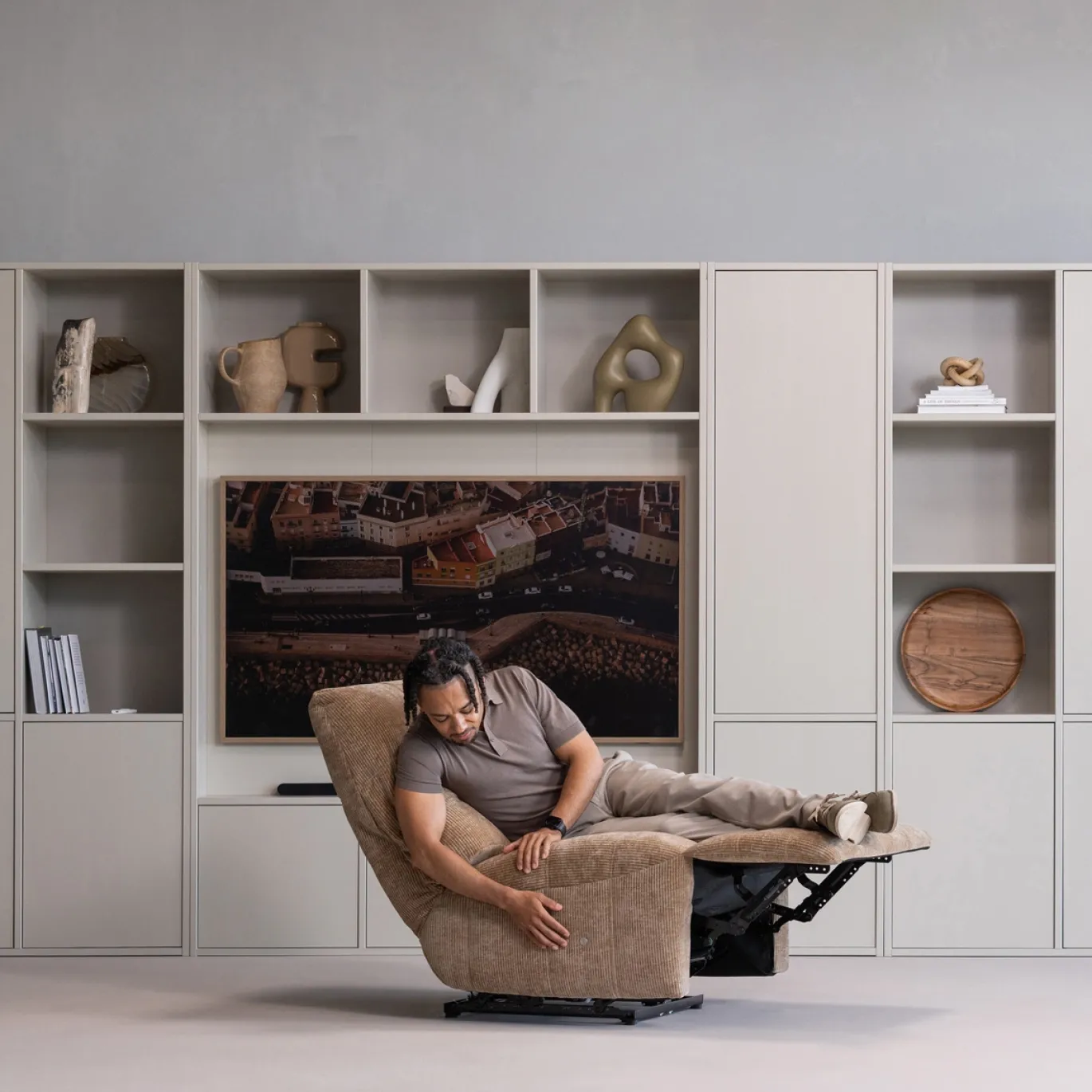 Woood Relaxfauteuil Hein Elektrisch Geweven Rib Lichtbruin