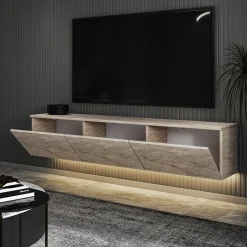 Zwevend Tv-meubel Neon Illuminated Travertinlook 160cm